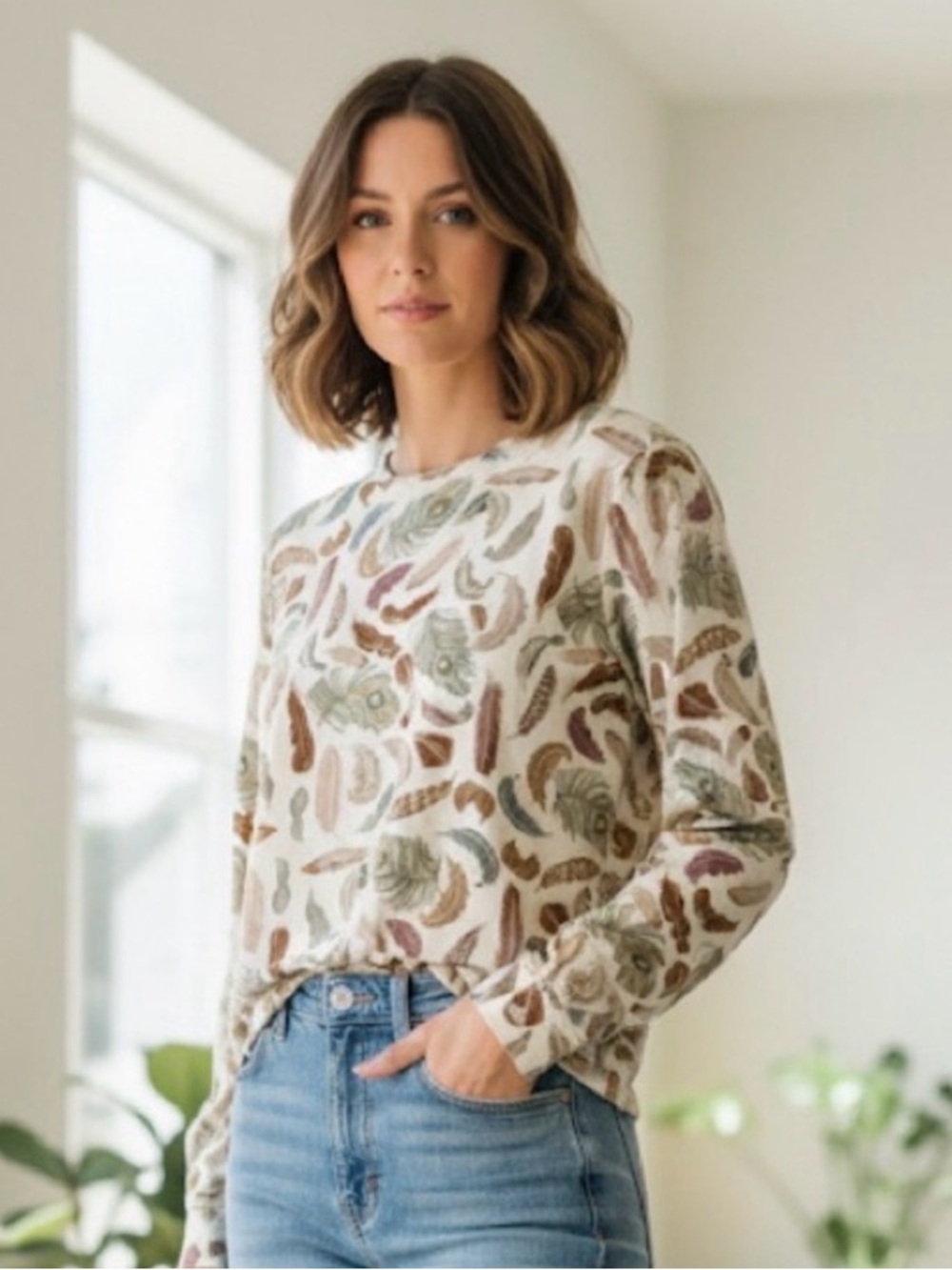 Doncaster Silk Top in Cream, Brown, and Mauve
